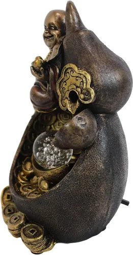 Vista 3 de Ebros Matreiya Laughing Buddha Hotei Sosteniendo lingote de oro sentado en cono gigante de calabaza de vino con cono de reflujo de fondo, estatua