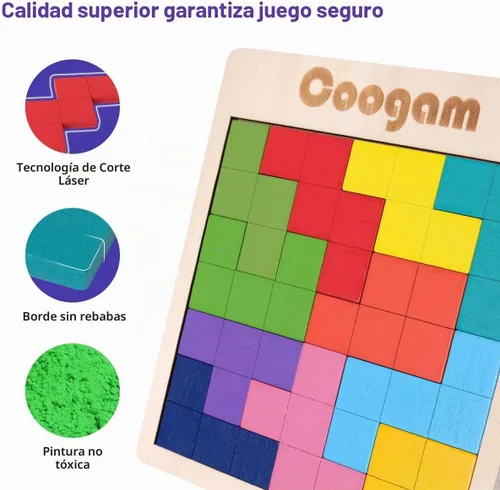 Vista 8 de Coogam Rompecabezas de madera con patrón de bloques de cerebro juego con 60 desafíos, juguete de construcción ruso 3D de madera en forma de tangram