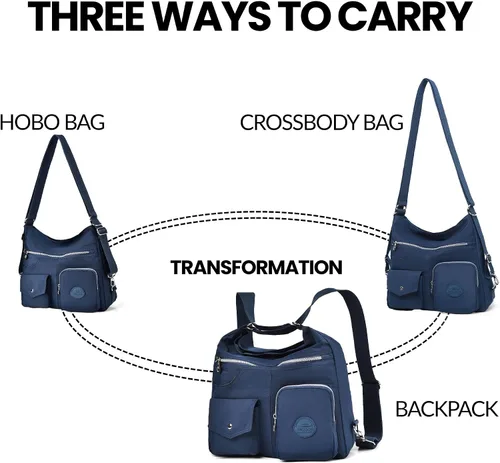 Vista 6 de Bolso Hobo multiusos para mujer con RFID antirrobo, bolsa cruzada de nailon impermeable, bolso de hombro, mochila convertible Multipurpose