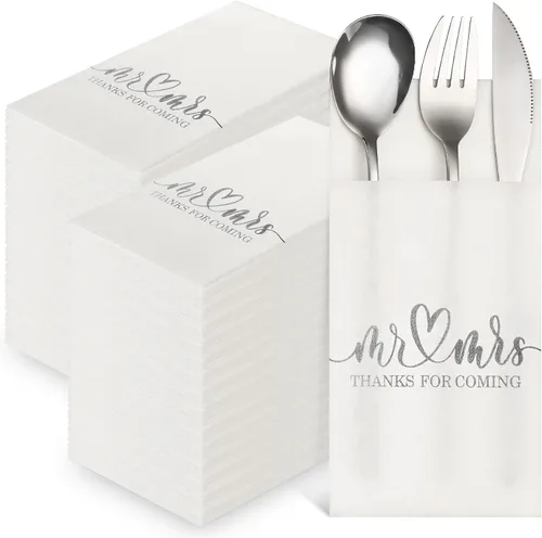 Vista 7 de Panelee 100 servilletas de boda con bolsillo integrado para cubiertos de Mr and Mrs personalizadas, sensación de lino, suministros de cena Dorado