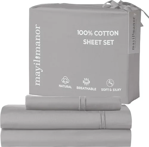 Vista 12 de Sábanas de Cama de Algodón 100% Natural Juego de Sábanas Twin de Tejido Satinado de Una Sola Capa de 500 TC Ropa de Cama Sólida Suave