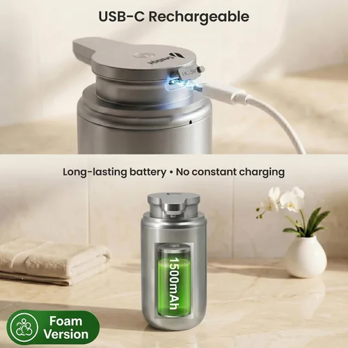 Vista 6 de GentleJet WaveJet - Dispensador automático de jabón espumoso con sensor sin contacto, USB-C recargable, acero inoxidable 304, IPX5 resistente al