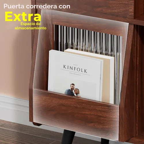 Vista 3 de Soporte grande para tocadiscos con puerta corredera, armario de almacenamiento de discos de vinilo 350, mesa de tocadiscos con toma de corriente