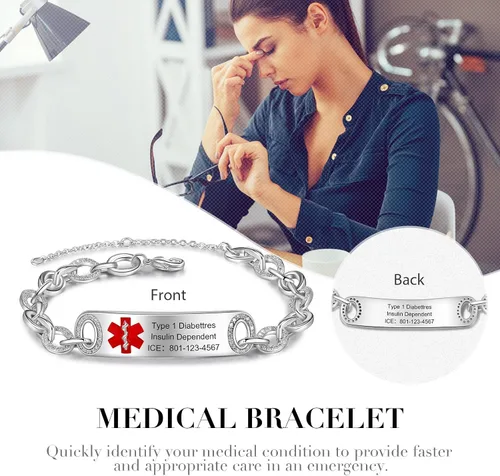 Vista 5 de Pulseras de identificación médica personalizadas de acero inoxidable para mujeres