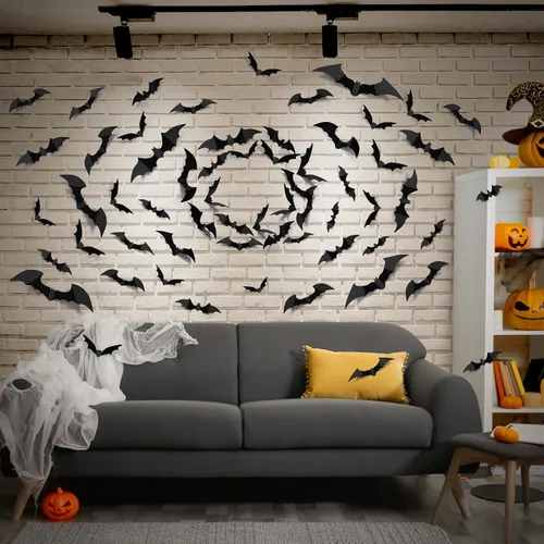 Vista 5 de LUDILO 120 piezas de decoraciones de murciélagos de Halloween, decoraciones de pared de Halloween, calcomanías de pared de PVC 3D, calcomanías