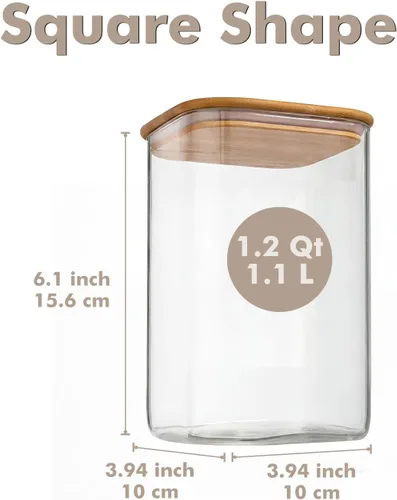 Vista 2 de 37oz 4PCS Frascos de almacenamiento de vidrio con tapas, tarros de vidrio con tapas para despensa, recipiente cuadrado para galletas, nueces