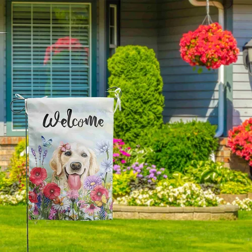 Vista 7 de Bandera floral de jardín Golden Retriever para jardín, banderas de bienvenida para exteriores de 12 x 18 pulgadas, bandera de perro de flores