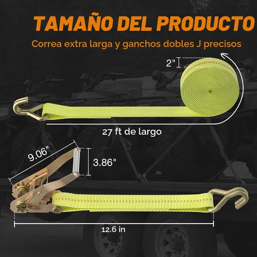 Vista 2 de Paquete de 2 correas de amarre de trinquete de 2 pulgadas x 27 pies con ganchos dobles en J