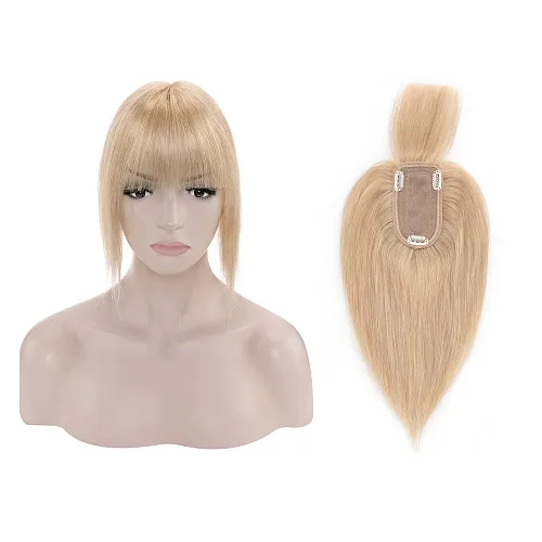 Vista 12 de MY-LADY Top Hairpieces para mujer con flequillo, base mono natural, 100% cabello humano real, clip en pieza de cabello lacio en medio para pérdida