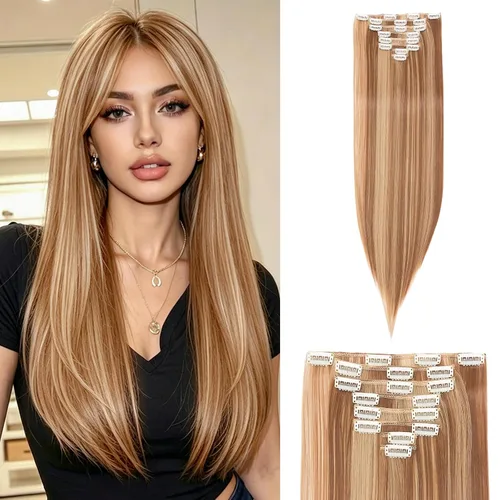 Vista 34 de S-noilite 8 piezas de extensiones de cabello largo con clip para mujer, extensiones de cabello sintético de doble trama, 18 pulgadas, #12H24 Honey