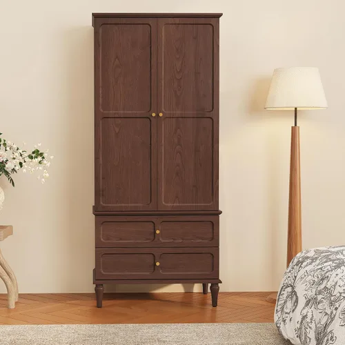 Vista 8 de HLR Armario moderno de mediados de siglo de 71 pulgadas con puertas y cajones, armario de almacenamiento de madera con barra para colgar para Negro