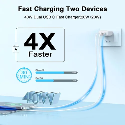 Vista 3 de Cargador rápido para iPhone 17 16 15, paquete de 2 bloques de carga rápida USB C de 40 W GaN de doble puerto con cable de carga tipo C de 10 pies