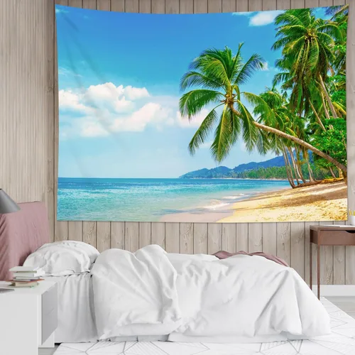 Vista 10 de HVEST Tapiz de playa para colgar en la pared, paisaje tropical azul océano, tapiz natural para dormitorio, palmera verde con cielo azul, nube