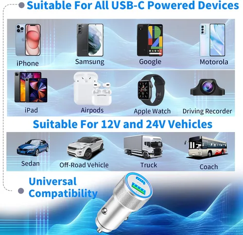 Vista 8 de USB-C Car Charger Fast Charging, Veetone 2Pack 66W PD&QC3.0 All Metal Type-C Power Cigarette Lighter USB Charger for iPhone 15/15 Plus/15 Pro/15 Pro