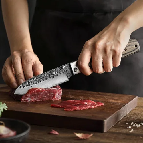 Vista 3 de Cuchillo de chef plegable afilado de acero inoxidable forjado 440A, cuchillo de fruta, mango de madera colorida, barbacoa de camping, cuchillo