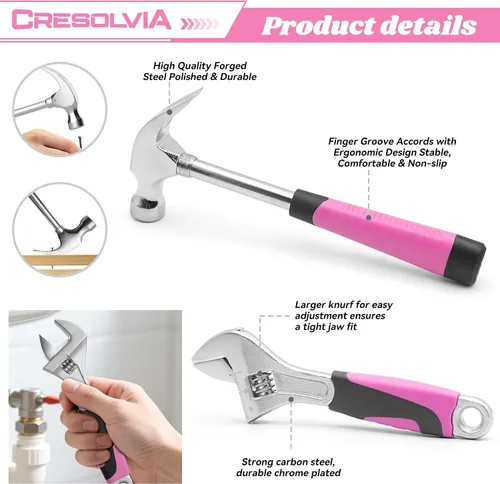 Vista 8 de Kit de herramientas rosa de 69 piezas para mujeres, pequeño kit de herramientas manuales básicas para el hogar, kit de herramientas perfectas