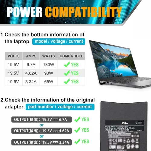 Vista 5 de SZGUDULO Cargador para portátil de 130 W para cable de alimentación de Cargador de portátil de 130 W para Dell XPS 15 Inspiron 7559 Precision 5510