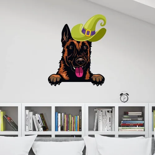 Vista 4 de Calcomanías de pared de Halloween con diseño de brujas y malinois, calcomanías de Halloween con texto en inglés "Happy Halloween" para decoración