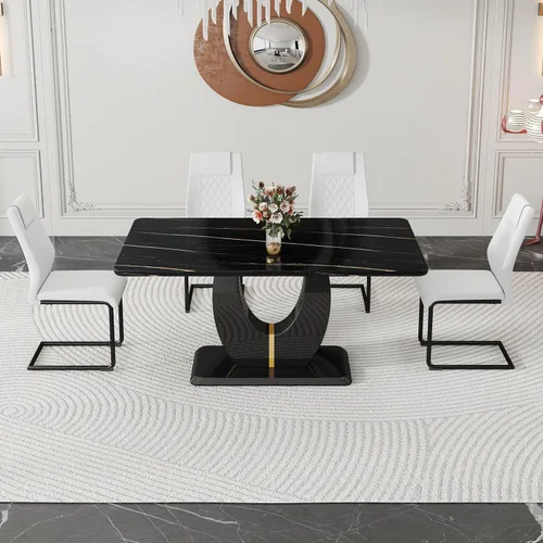 Vista 7 de JUFU Moderno juego de mesa de cocina y comedor, mesa rectangular con parte superior de mármol sintético, 63 pulgadas, color negro, 4 sillas