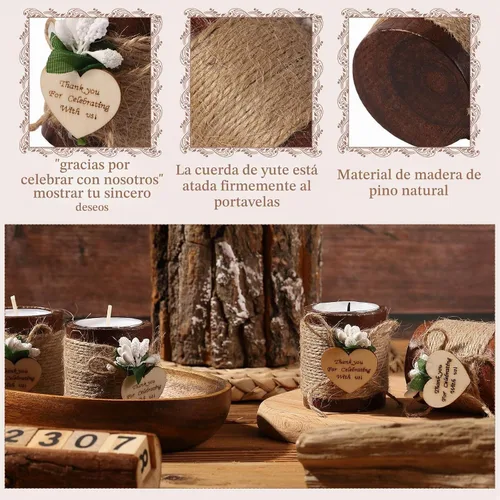 Vista 5 de Treela 12 Piezas Portavelas de Madera para Velas de Té Portavelas para Despedida de Soltera Portavelas Cilíndricos de Madera Rústica con Velas de Té