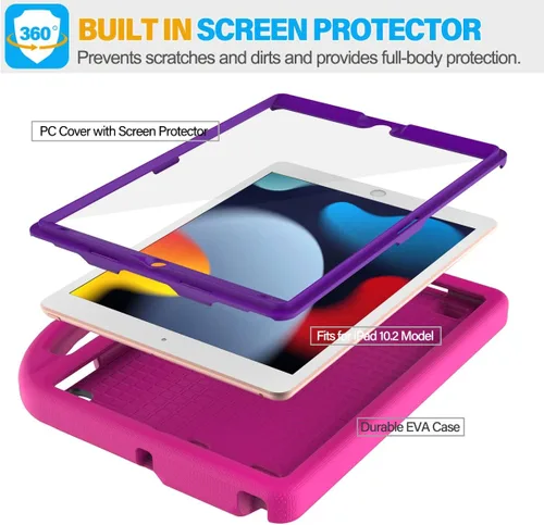Vista 6 de SUPLIK Funda para niños para iPad de 9ª/8ª/7ª generación - 10.2 pulgadas 2021/2020/2019 Funda con protector de pantalla integrado, asa resistente a