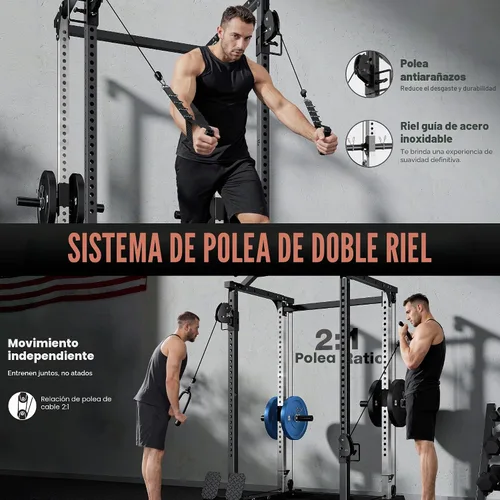 Vista 6 de DP01 - Jaula de potencia, estante para sentadillas de 2000 libras con cable cruzado y sistema de polea doble independiente, jaula completa