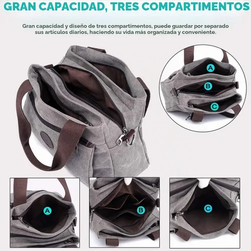 Vista 3 de Bolsos tipo morral de lona para mujer, bolsos cruzados de hombro, cartera con múltiples compartimentos, tamaño mediano Beige - Medium