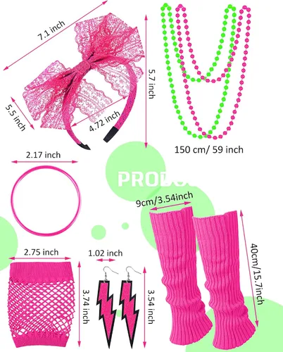 Vista 4 de Juego de 19 piezas de disfraz de los años 80, camiseta, leggings, falda tutú, diadema, collar, pulseras, aretes, guantes, calentadores de piernas