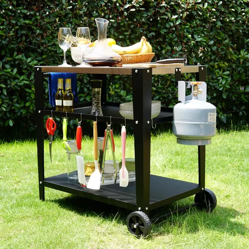 Vista 2 de LEETOLLA Carrito de parrilla de acero inoxidable para exteriores con ruedas, mesa de preparación de barbacoa de 3 niveles resistente para horno