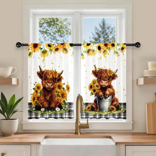 Vista 14 de Cortinas cortas de cocina de poliéster con estampado para puerta de granero, 27.5 pulgadas de ancho x 36 pulgadas de largo, cortinas de puerta