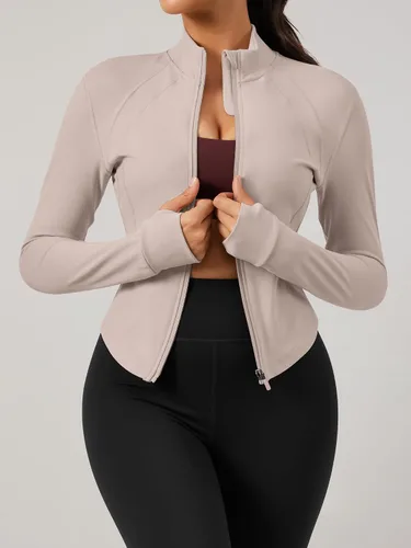 Vista 4 de GYM RAINBOW Chaqueta atlética con cremallera para mujer, ligera, ajuste de contorno, para gimnasio, fitness, entrenamiento, con agujeros