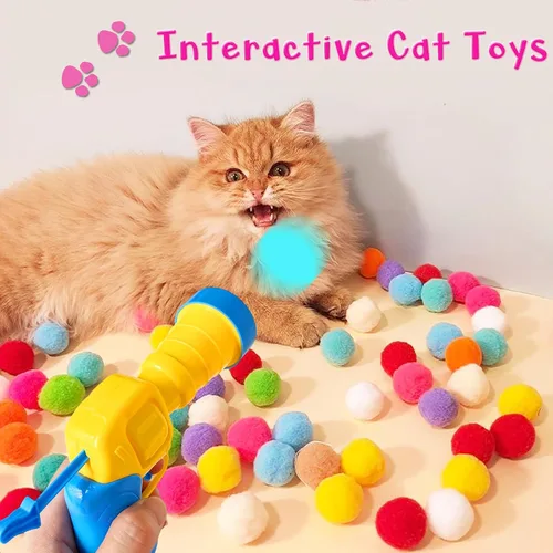 Vista 5 de 2 lanzadores de juguetes para gatos y 100 pelotas de pompón para gatos, lanzador de pelotas de juguete para gatos, juguete interactivo
