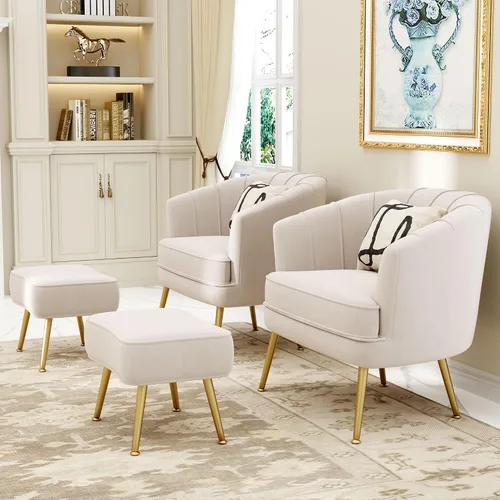 Vista 8 de Andeworld Silla decorativa de terciopelo con otomana, sillón de barril Beige
