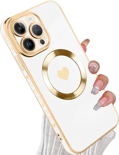 Vista 45 de tharlet Funda Magnética para iPhone 11 [Compatible con Magsafe] Lindo Corazón de Amor de Lujo Chapado Borde Dorado Parachoques con Lente de Cámara