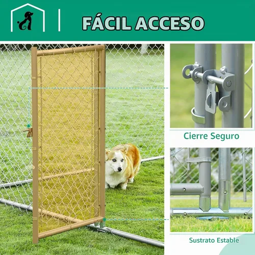 Vista 5 de VIVIJASON Jaula para perros grande para exteriores, resistente, con eslabones de cadena galvanizados, corralito exterior con cubierta impermeable