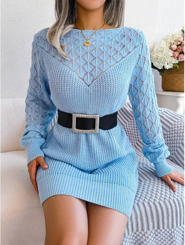 Vista 8 de Pissente Vestido tipo suéter ajustado para mujer con cuello barco, manga de linterna hueca (cinturón no incluido)