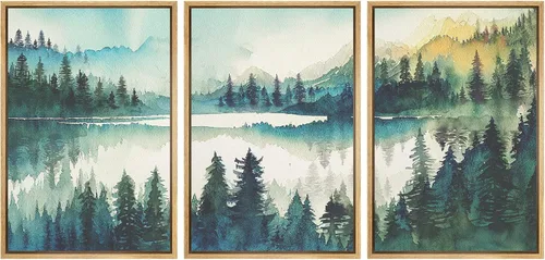 Vista 82 de MUDECOR Lienzo enmarcado para pared, juego de arte de acuarela pastel, bosque de pinos, naturaleza silvestre, ilustraciones modernas, decorativas
