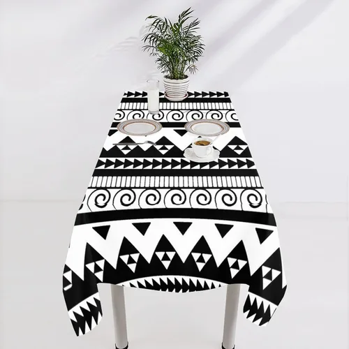 Vista 4 de Mantel de buffet con diseño étnico de geometría blanca y negra, 55 x 55 pulgadas, manteles negros de tela para fiestas para comedor, cocina