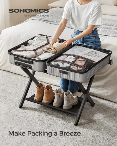 Vista 2 de SONGMICS Portaequipajes, Juego de 2, Soporte Plegable para Maletas con Estante de Almacenamiento, para Habitación de Huéspedes, Hotel, Dormitorio