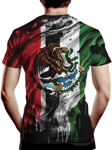 Vista 2 de Camiseta patriótica con la bandera de México para hombre, diseño de águila, colorido, gráfico, verano, manga corta