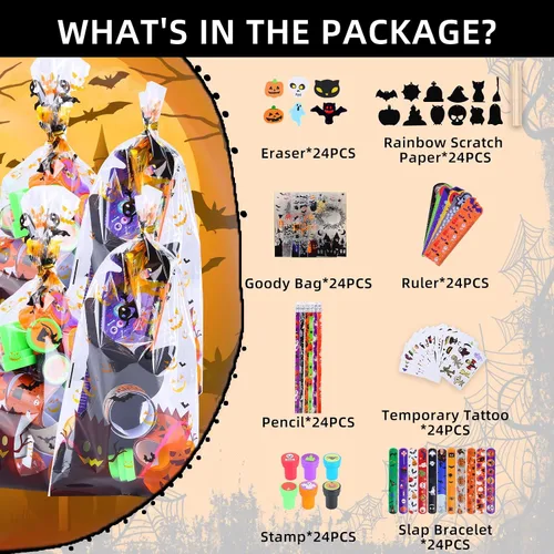 Vista 2 de BicMan Paquete de 24 artículos de papelería surtidos de Halloween, regalos de fiesta para niños, bolsas de regalo, incluye lápices, reglas, sellos