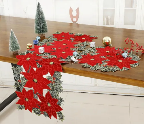 Vista 4 de GRANDDECO Camino de Mesa Navideño para Fiestas Campestres Bufandas de Tocador Bordadas con Flores de Nochebuena Navideñas Xmas para Casa Cocina Mesa