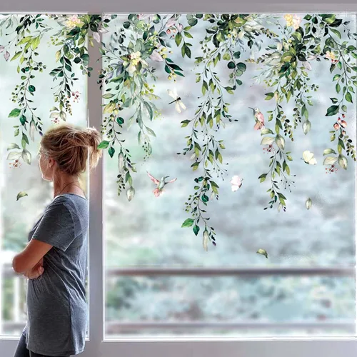 Vista 14 de Whaline 9 hojas de calcomanías florales de San Valentín para ventana, diseño de rosas de primavera, hojas de eucalipto, calcomanías de vidrio