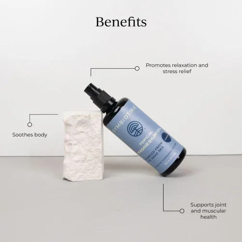 Vista 2 de CYMBIOTIKA aerosol de aceite de magnesio tópico para el cuerpo, fabricado en EE. UU., suplemento para calambres en las piernas, músculos, salud