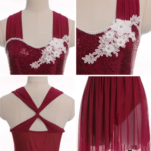 Vista 7 de ODASDO Vestido de baile lírico para mujeres adultas, moderno, contemporáneo, con lentejuelas, tul de malla, falda alta y baja, ropa de baile