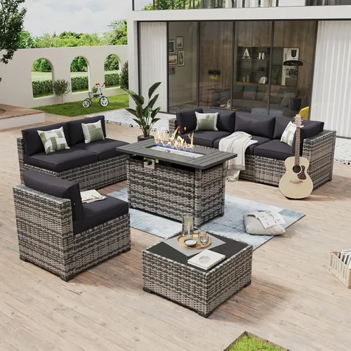 Vista 15 de Aoxun - Juego de 7 piezas de muebles de patio de mimbre de ratán, conjunto de sofá modular para conversación de patio con mesa de café y cojines