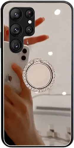 Vista 10 de Funda de espejo compatible con Samsung Galaxy A12 5G, carcasa rígida de policarbonato TPU con soporte de anillo de diamante, agarre de dedo, soporte