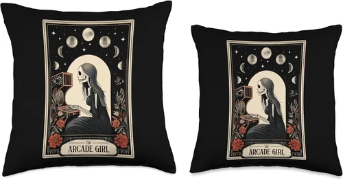 Vista 3 de The Arcade Girl Retro Arcade Gaming 80s Tarot Card Skeleton Throw Pillow