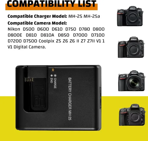 Vista 5 de Cargador de batería MH-25 MH-25a para Nikon: EN-EL15 EN-EL15a EN-EL15b EN-EL15c EP-5B D500 D600 D610 D750 D780 D800E D810 D810A D850 D850 7000 D7100