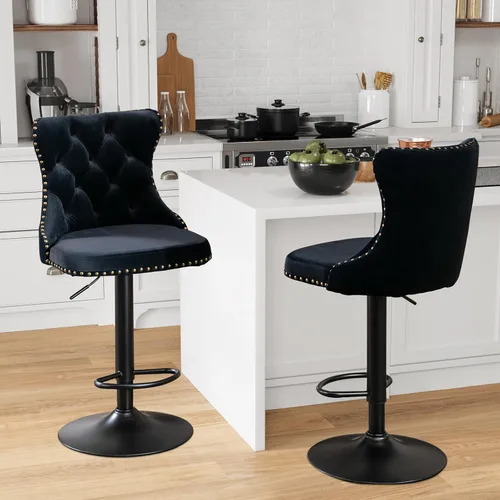Vista 13 de Aoowow Juego de 2 taburetes de bar giratorios, taburetes de bar ajustables con respaldo de terciopelo copetudo, sillas de bar modernas tapizadas